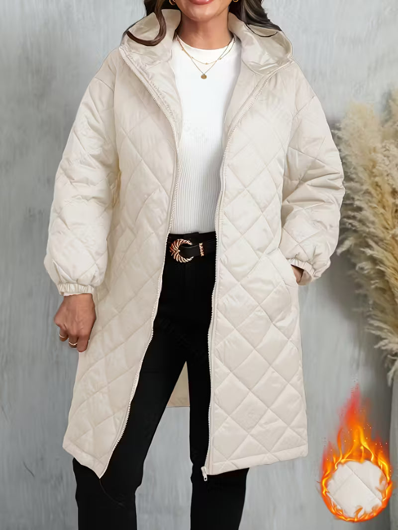 Women’s Warm Quilted Hooded Zip-Up Coat – Long Sleeve Winter Outerwear