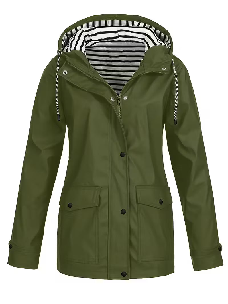 Women’s Waterproof Hooded Raincoat – Lightweight Rain Jacket with Striped Lining