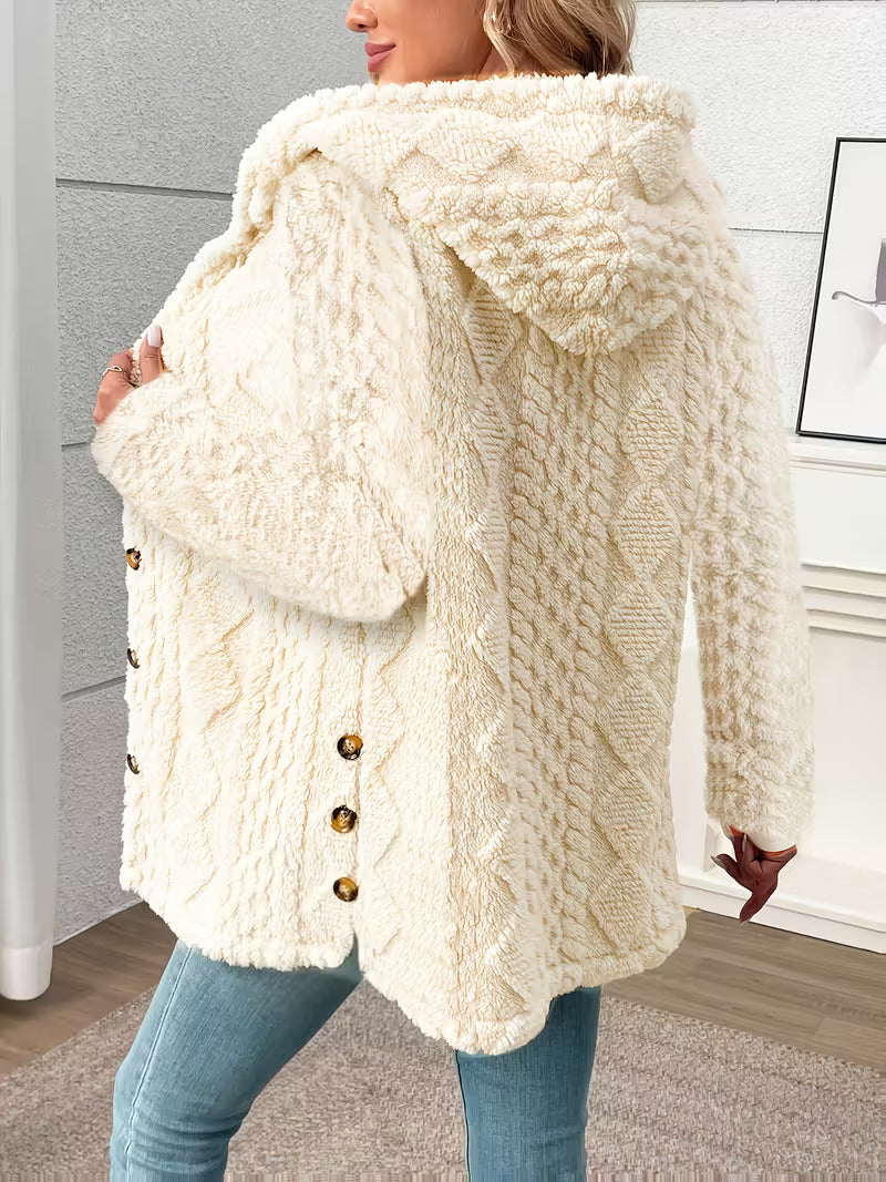 Women’s Hooded Teddy Fleece Jacket – Plush Warm Winter Coat with Quilted Texture