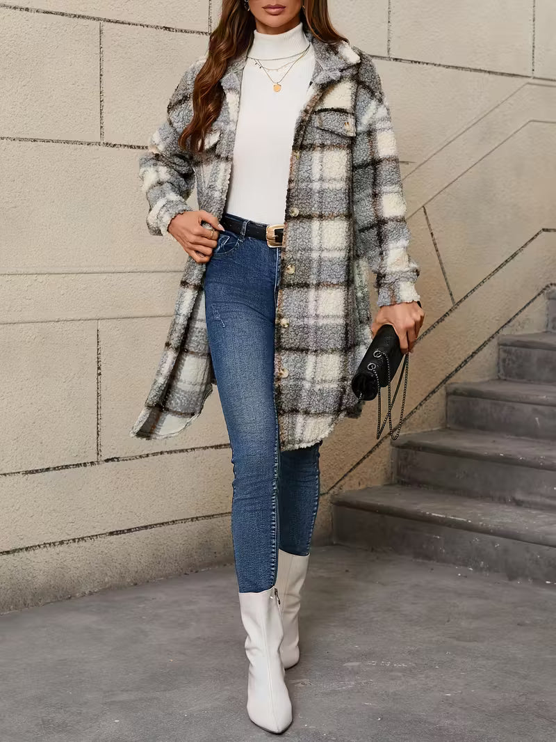 Women’s Plaid Teddy Jacket – Warm Fleece Oversized Coat