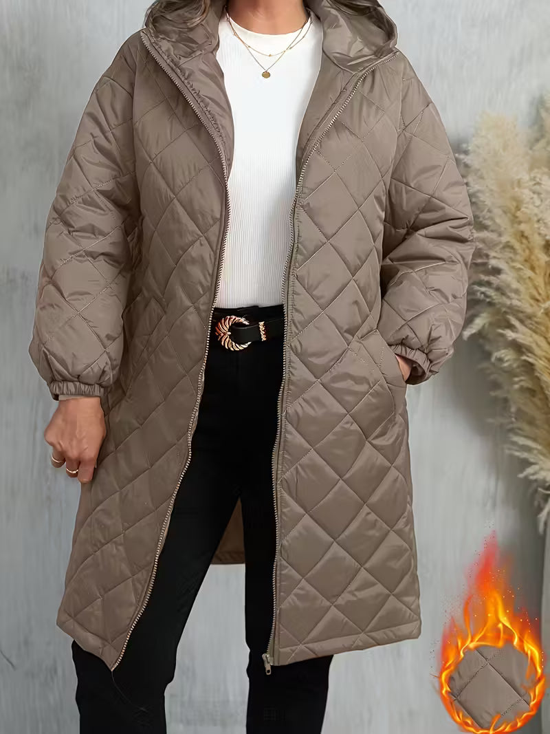 Women’s Warm Quilted Hooded Zip-Up Coat – Long Sleeve Winter Outerwear