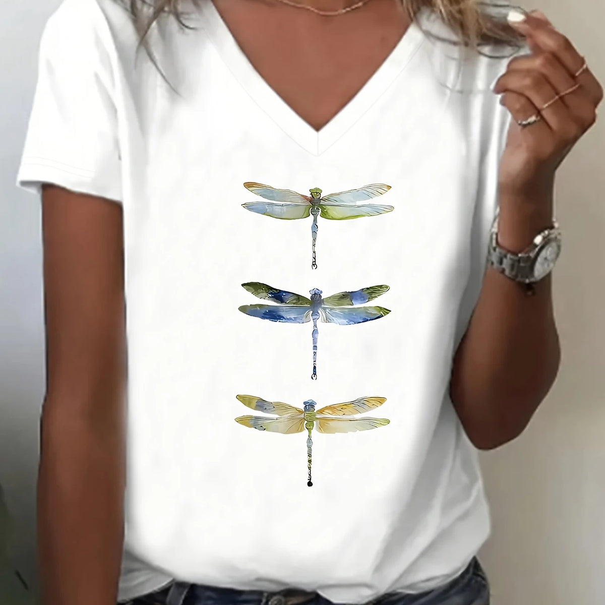 Women's V-Neck T-Shirt with Dragonfly Print – Casual Graphic Tee