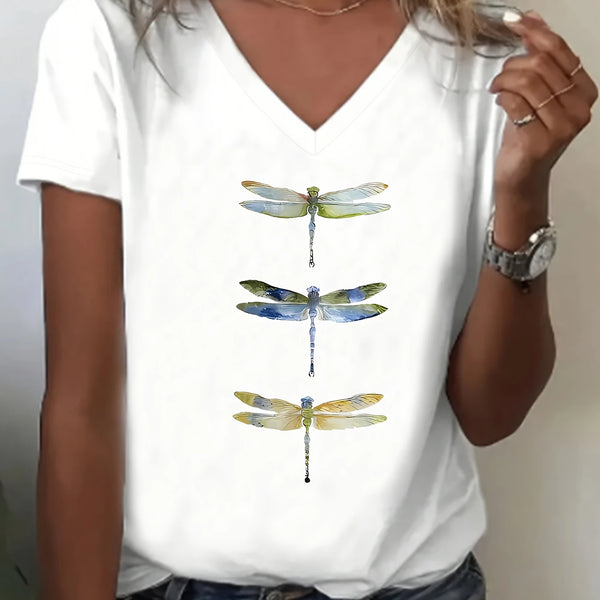 Women's V-Neck T-Shirt with Dragonfly Print – Casual Graphic Tee