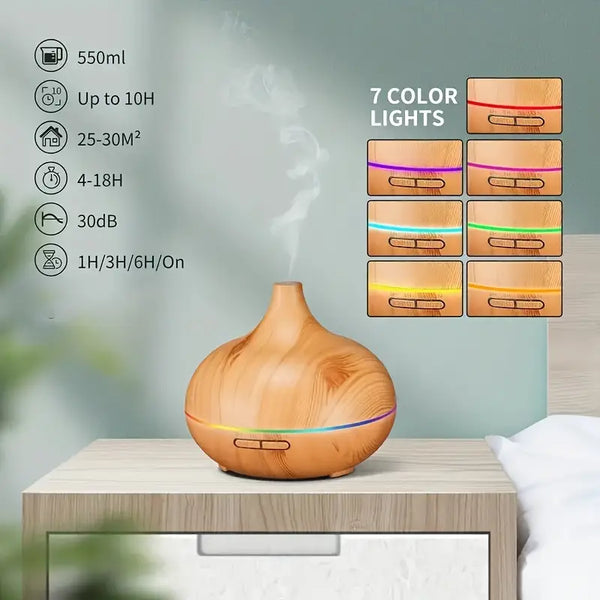 Wood Grain Ultrasonic Aromatherapy Diffuser – Cool Mist Humidifier with LED Light
